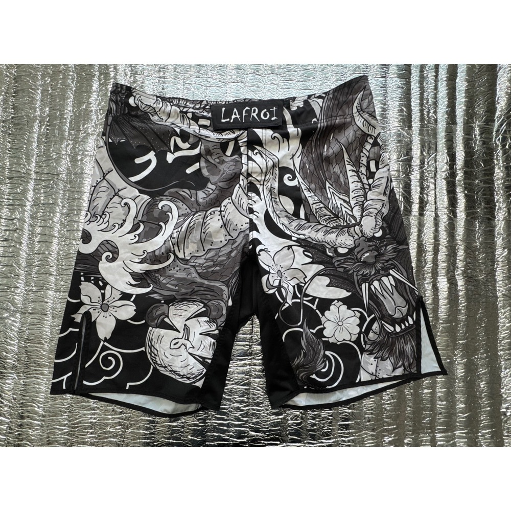 Lafroi Mens Agile Fight Shorts Black White Dragon Print MMA Grappling Size Large